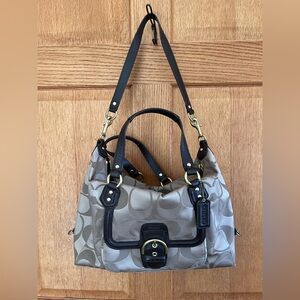 Coach signature Campbell Taupe and Black Signature Satchel with Gold Hardware.